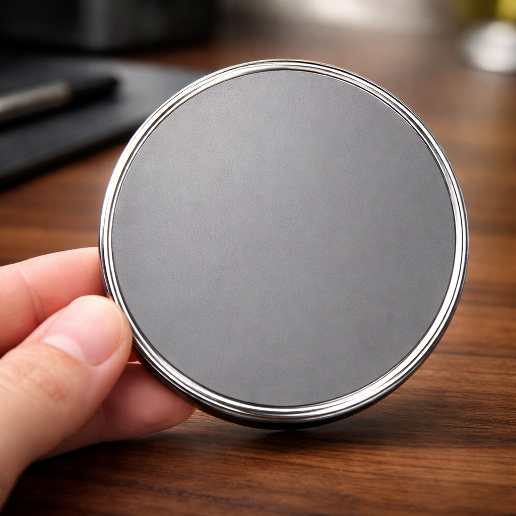 Back of magnet held by a hand on a wooden surface