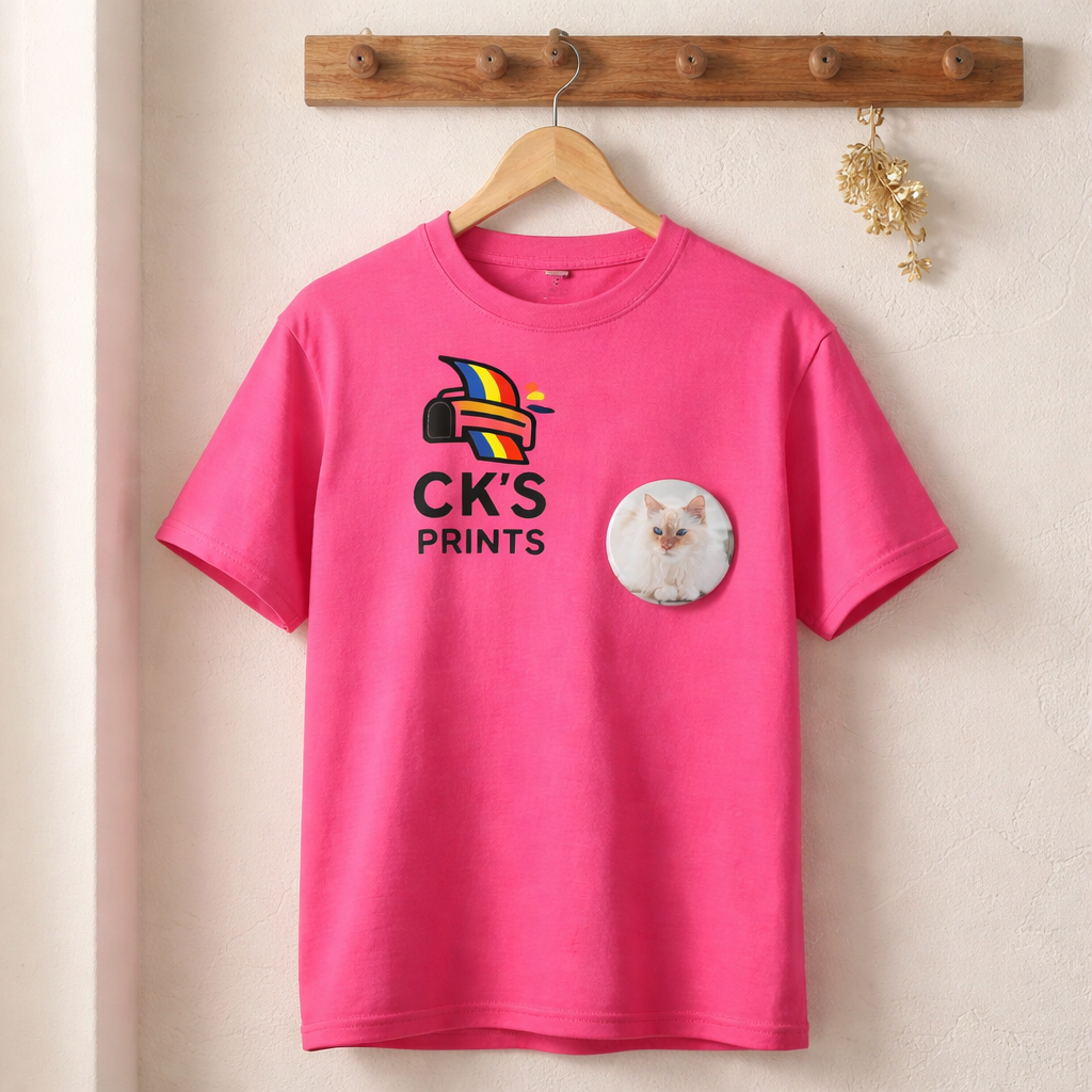 Pink t-shirt with 'CK's Prints' logo and a cat illustration on a wooden hanger against a beige wall.