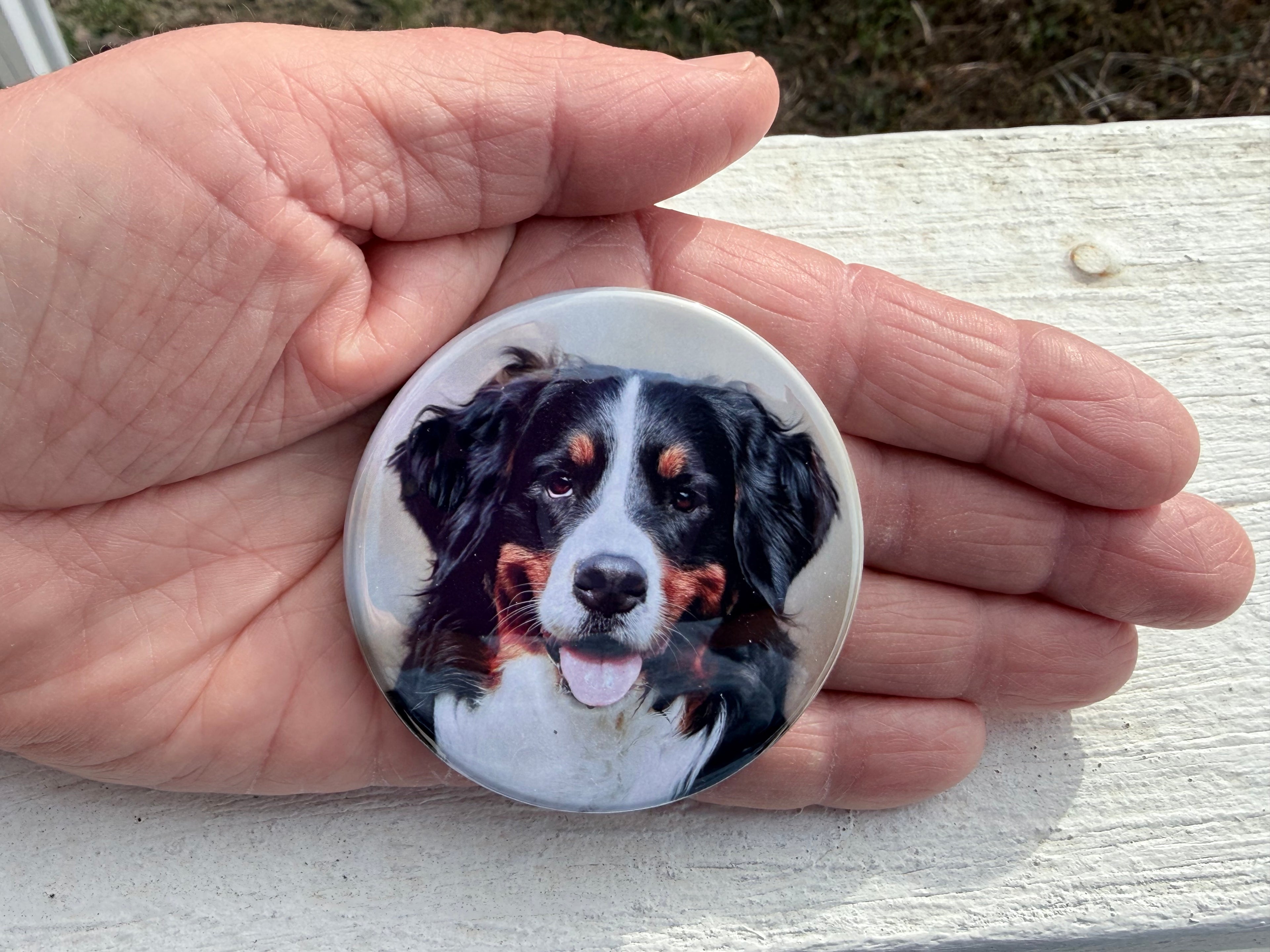 Magnet with a dog's face held in a hand on a wooden surface