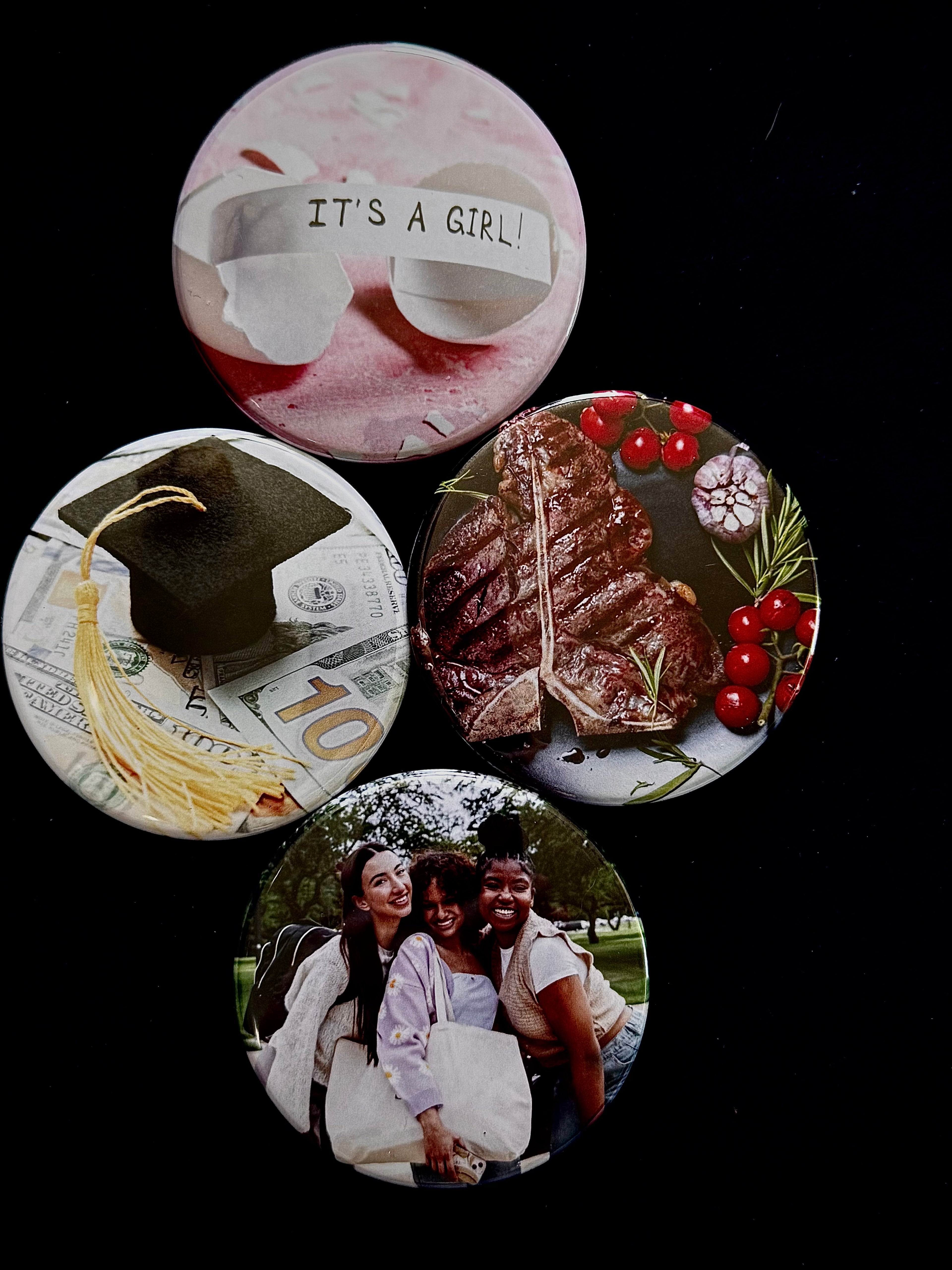 Collection of round photo magnets with different images on a black background